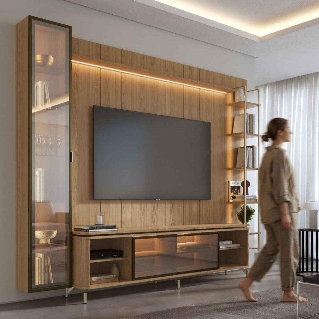 Estante para TV até 85 Polegadas com Prateleiras e Cristaleira Vidro Reflecta 100% MDF com Led Lincoln Float 291cm