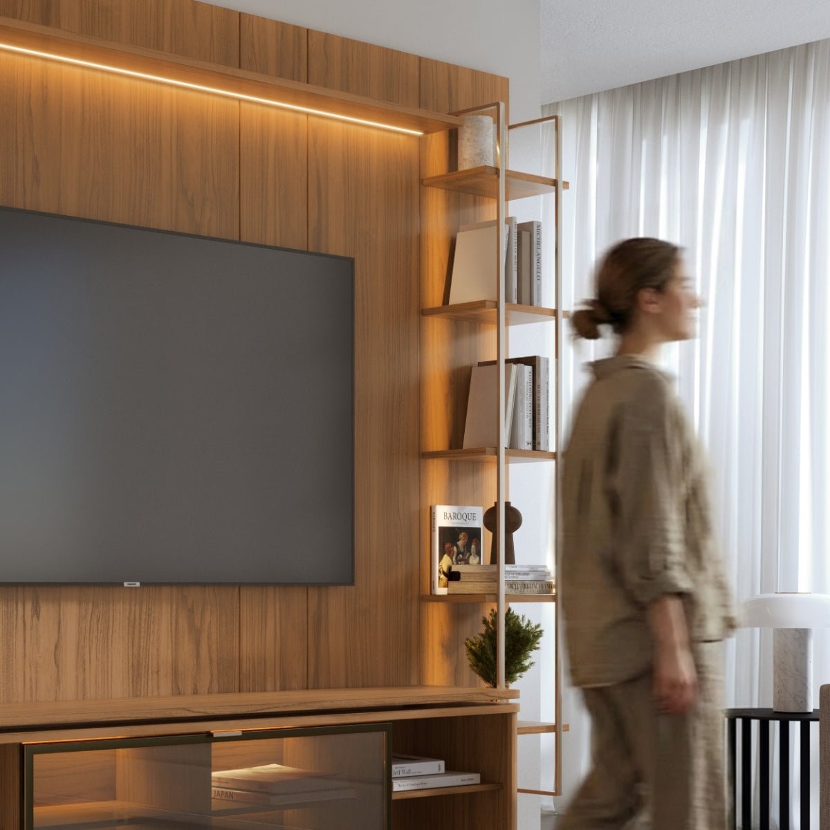 Estante para TV até 85 Polegadas com Prateleiras e Cristaleira Vidro Reflecta 100% MDF com Led Lincoln Float 291cm