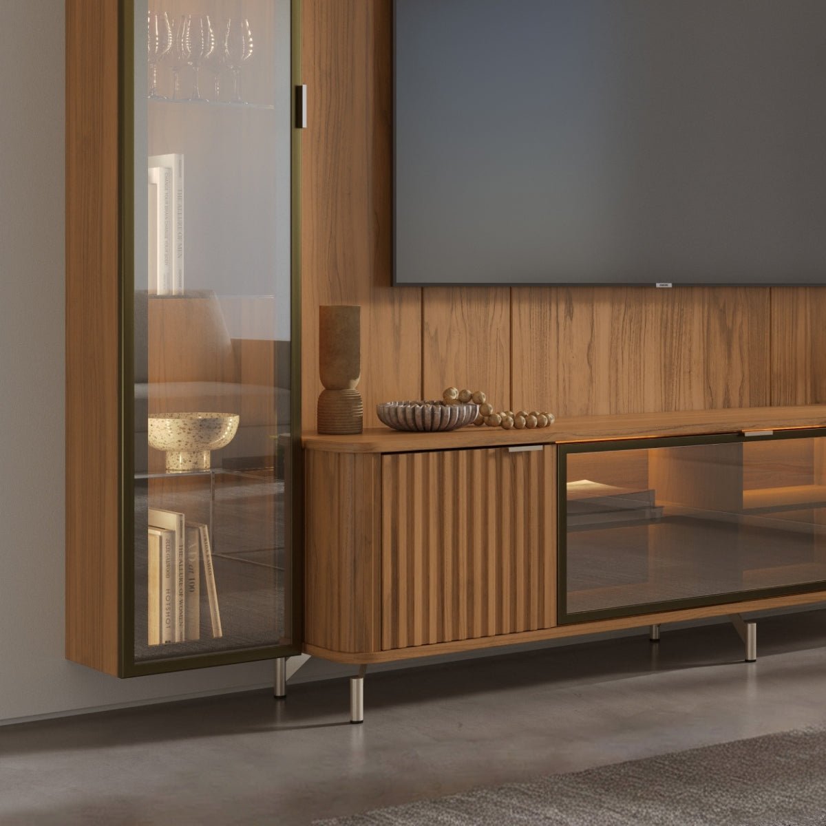 Estante para TV até 85 Polegadas com Prateleiras e Cristaleira Vidro Reflecta 100% MDF com Led Neon Float 291cm