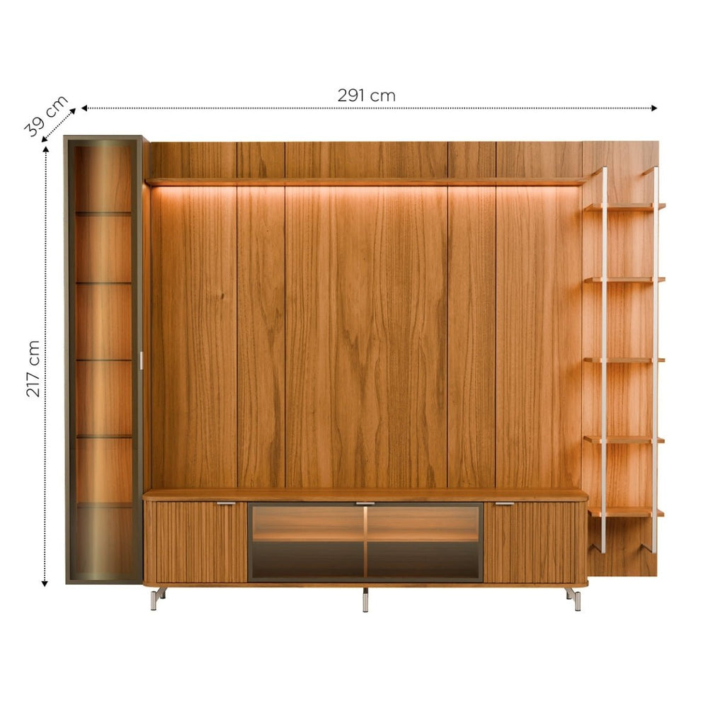 Estante para TV até 85 Polegadas com Prateleiras e Cristaleira Vidro Reflecta 100% MDF com Led Neon Float 291cm