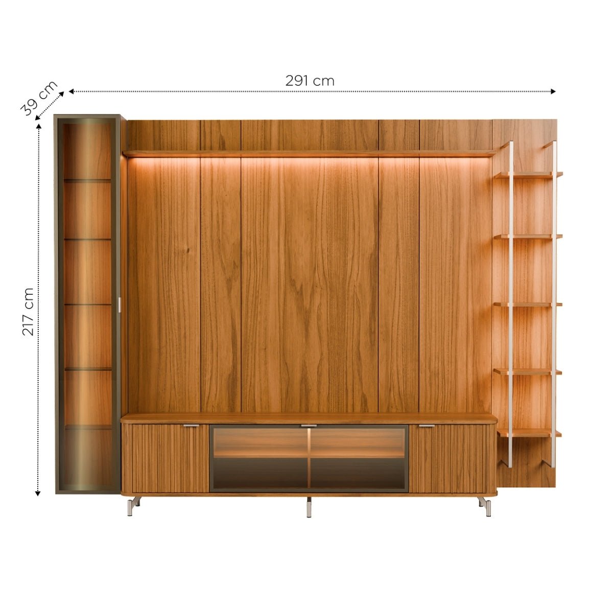Estante para TV até 85 Polegadas com Prateleiras e Cristaleira Vidro Reflecta 100% MDF com Led Neon Float 291cm