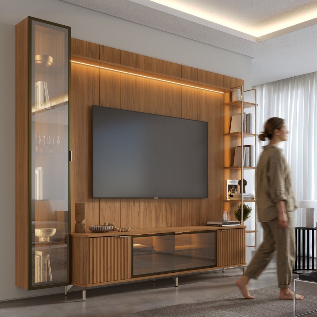 Estante para TV até 85 Polegadas com Prateleiras e Cristaleira Vidro Reflecta 100% MDF com Led Neon Float 291cm