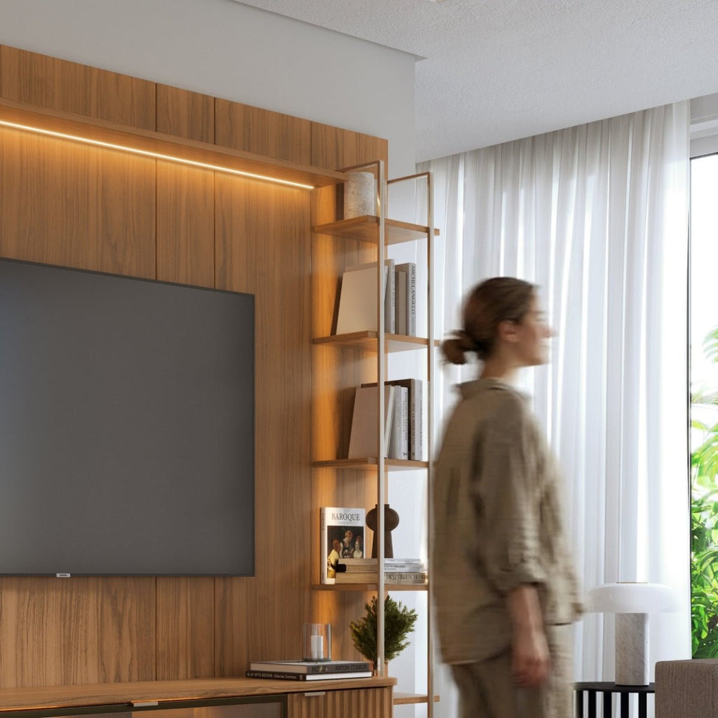 Estante para TV até 85 Polegadas com Prateleiras e Cristaleira Vidro Reflecta 100% MDF com Led Neon Float 291cm