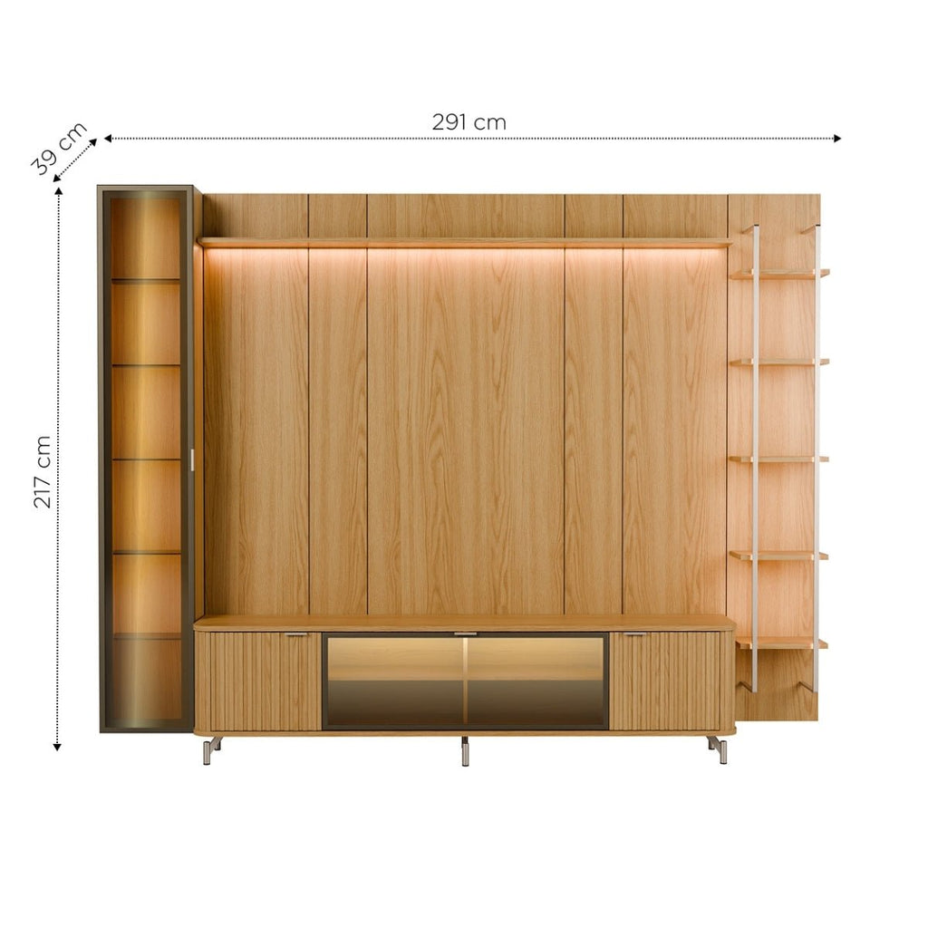 Estante para TV até 85 Polegadas com Prateleiras e Cristaleira Vidro Reflecta 100% MDF com Led Neon Float 291cm