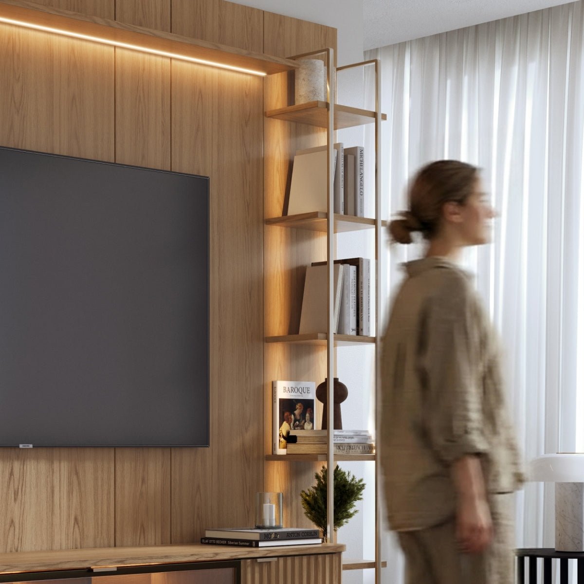 Estante para TV até 85 Polegadas com Prateleiras e Cristaleira Vidro Reflecta 100% MDF com Led Neon Float 291cm