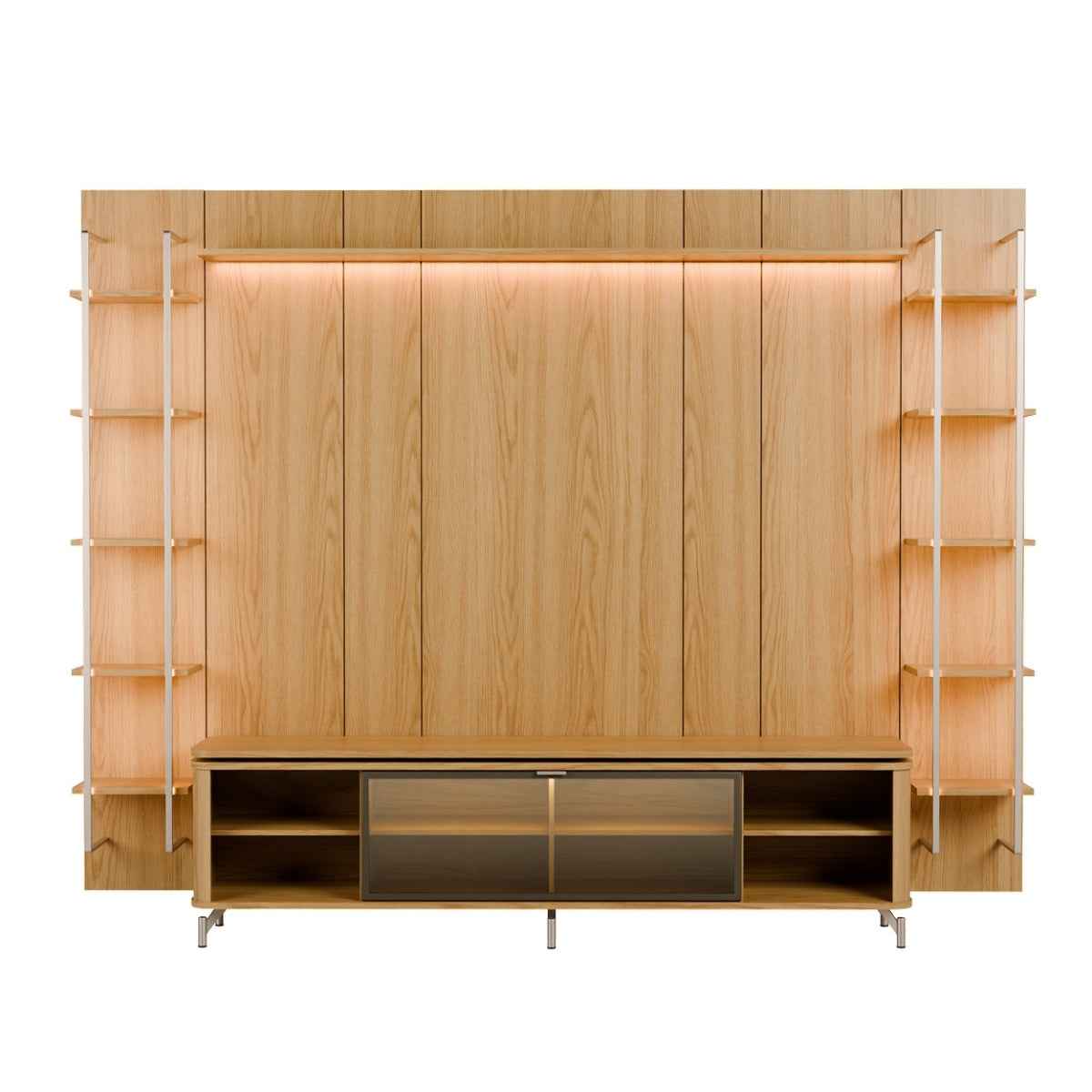 Estante para TV até 85 Polegadas Vidro Reflecta com Prateleiras 100% MDF com Led Lincoln Float 291cm