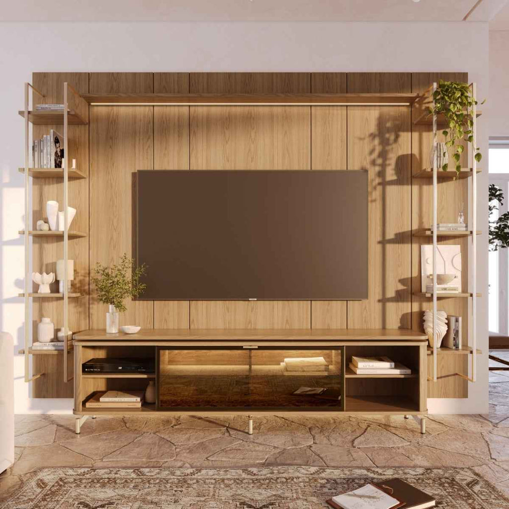 Estante para TV até 85 Polegadas Vidro Reflecta com Prateleiras 100% MDF com Led Lincoln Float 291cm