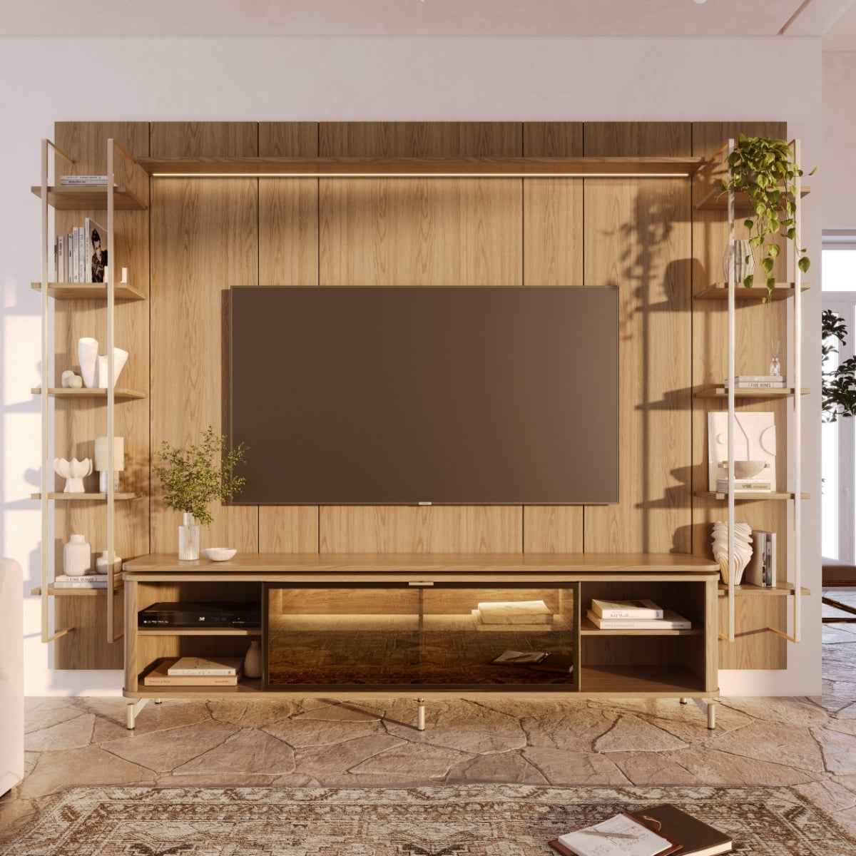 Estante para TV até 85 Polegadas Vidro Reflecta com Prateleiras 100% MDF com Led Lincoln Float 291cm