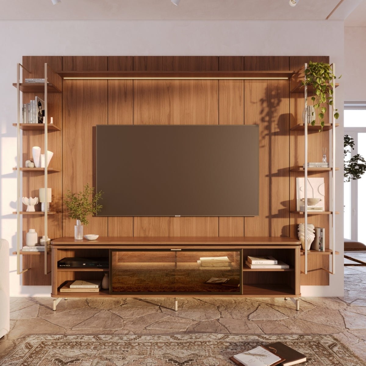 Estante para TV até 85 Polegadas Vidro Reflecta com Prateleiras 100% MDF com Led Lincoln Float 291cm