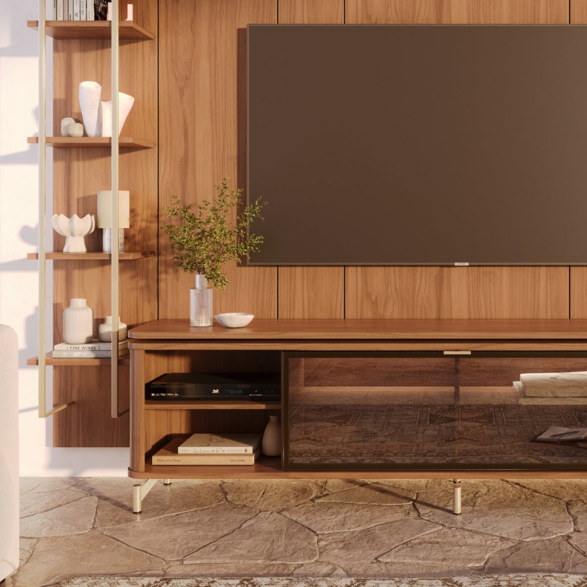 Estante para TV até 85 Polegadas Vidro Reflecta com Prateleiras 100% MDF com Led Lincoln Float 291cm