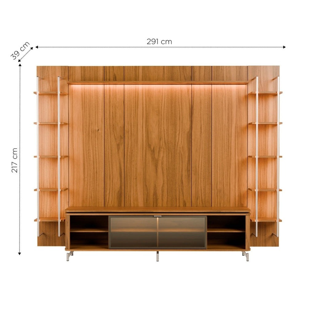 Estante para TV até 85 Polegadas Vidro Reflecta com Prateleiras 100% MDF com Led Lincoln Float 291cm