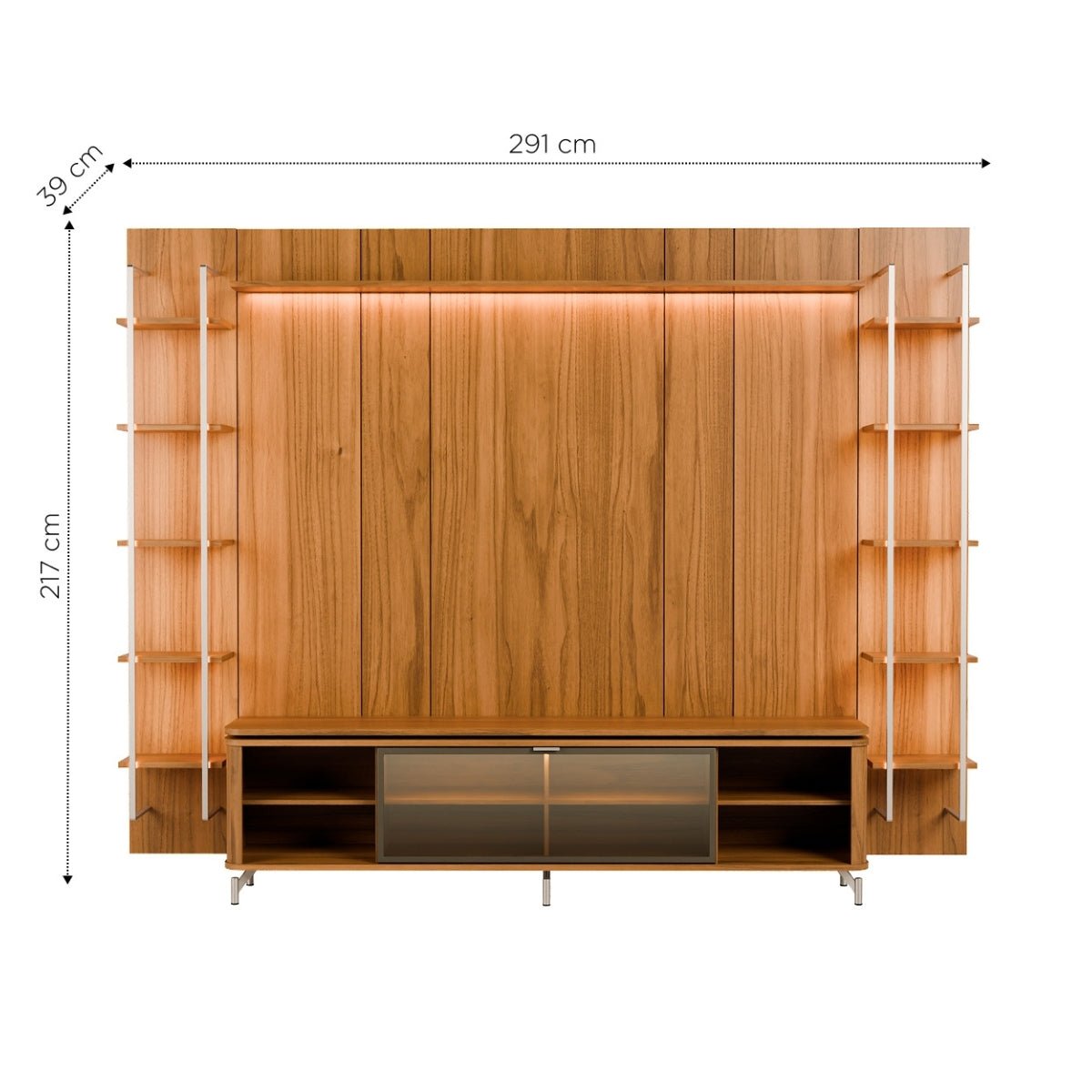 Estante para TV até 85 Polegadas Vidro Reflecta com Prateleiras 100% MDF com Led Lincoln Float 291cm