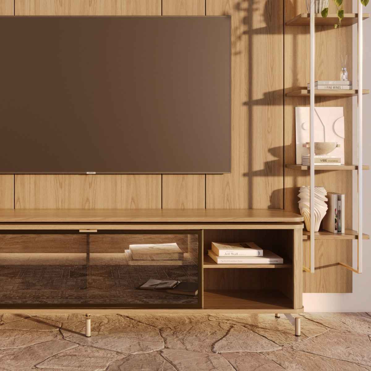 Estante para TV até 85 Polegadas Vidro Reflecta com Prateleiras 100% MDF com Led Lincoln Float 291cm
