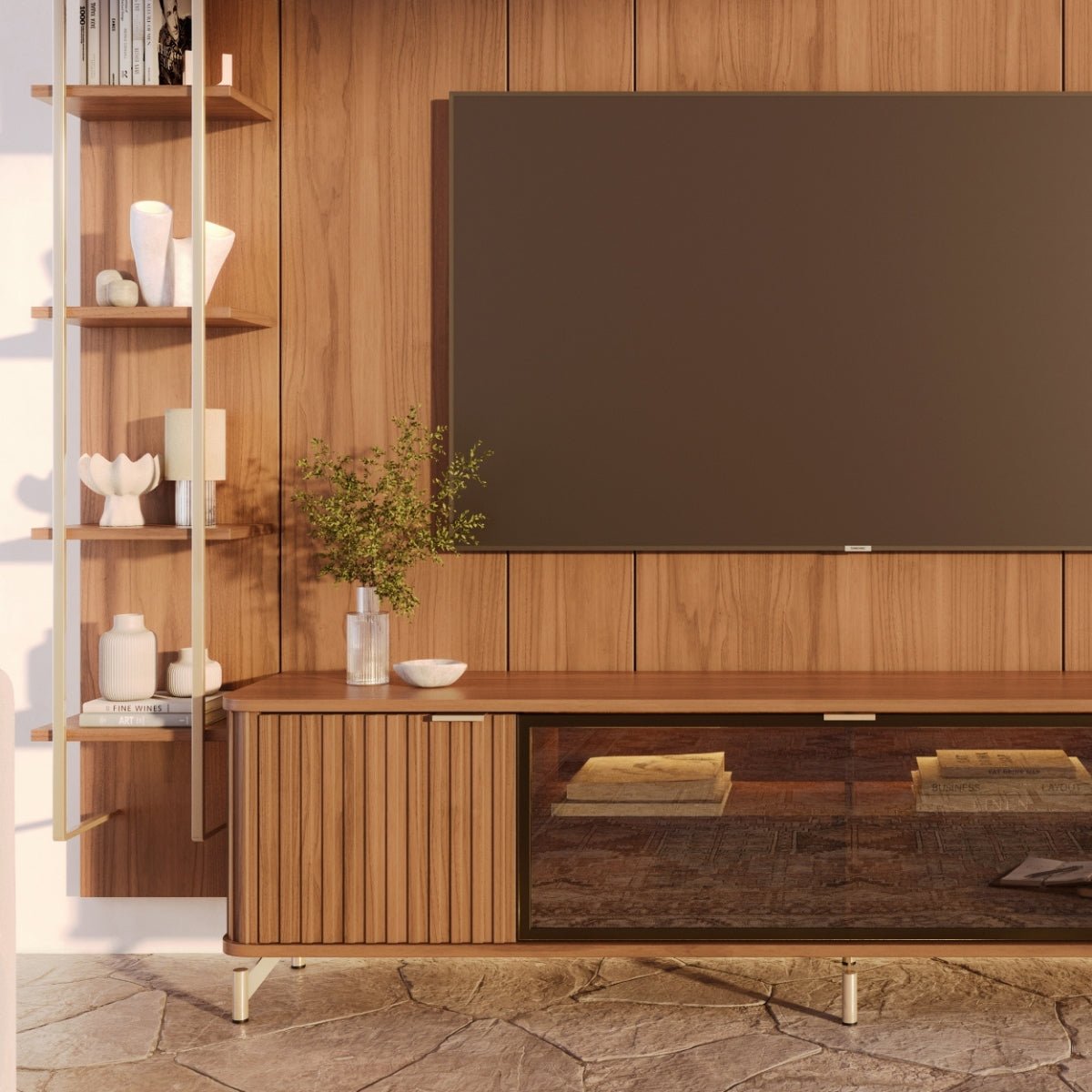 Estante para TV até 85 Polegadas Vidro Reflecta com Prateleiras 100% MDF com Led Neon Float 291cm