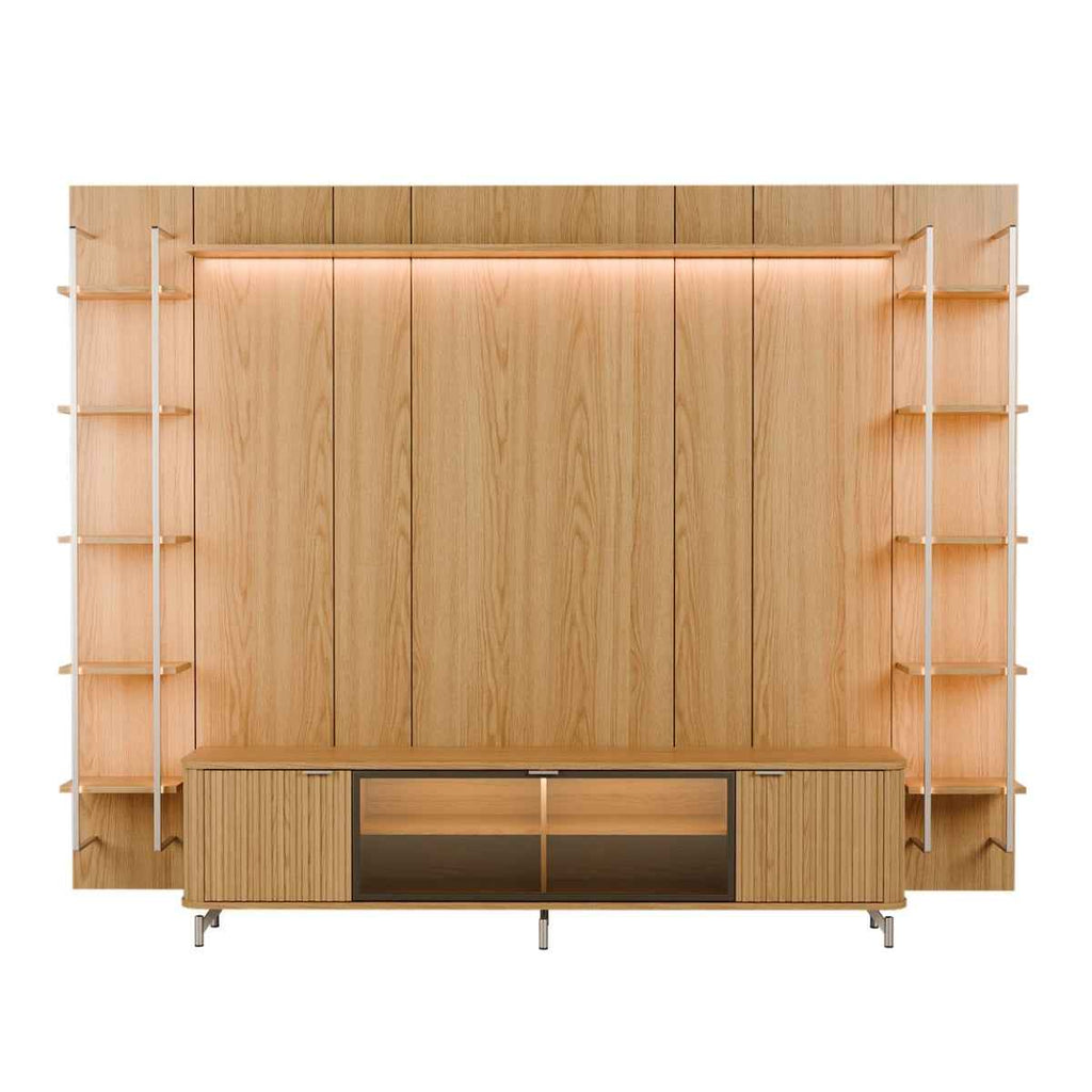 Estante para TV até 85 Polegadas Vidro Reflecta com Prateleiras 100% MDF com Led Neon Float 291cm