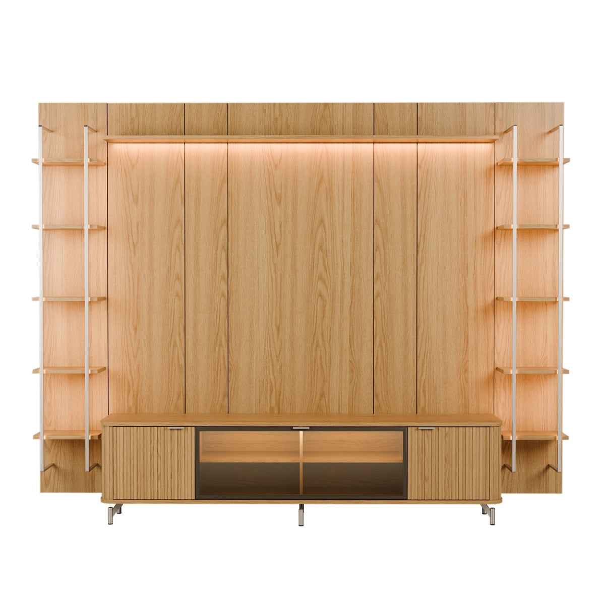 Estante para TV até 85 Polegadas Vidro Reflecta com Prateleiras 100% MDF com Led Neon Float 291cm