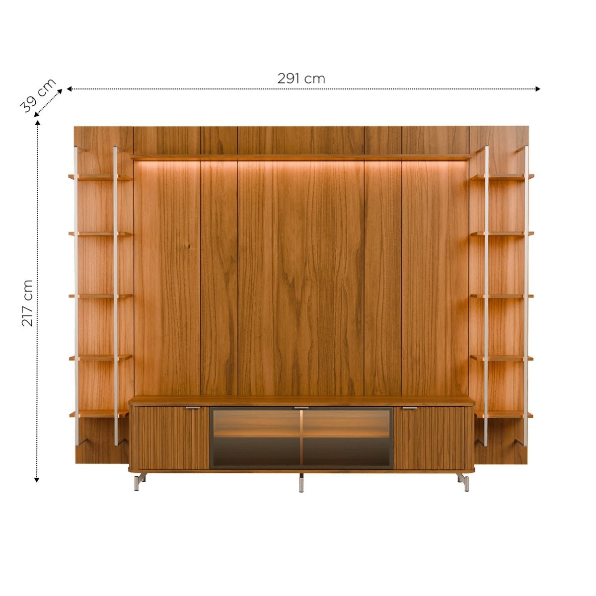 Estante para TV até 85 Polegadas Vidro Reflecta com Prateleiras 100% MDF com Led Neon Float 291cm