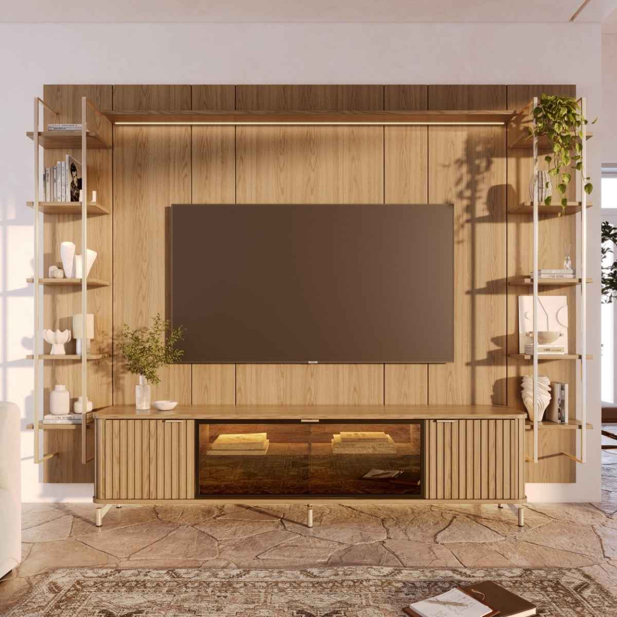 Estante para TV até 85 Polegadas Vidro Reflecta com Prateleiras 100% MDF com Led Neon Float 291cm