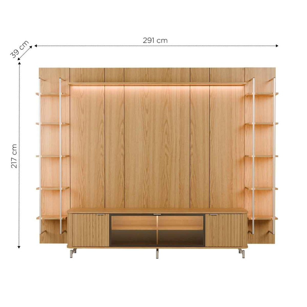 Estante para TV até 85 Polegadas Vidro Reflecta com Prateleiras 100% MDF com Led Neon Float 291cm