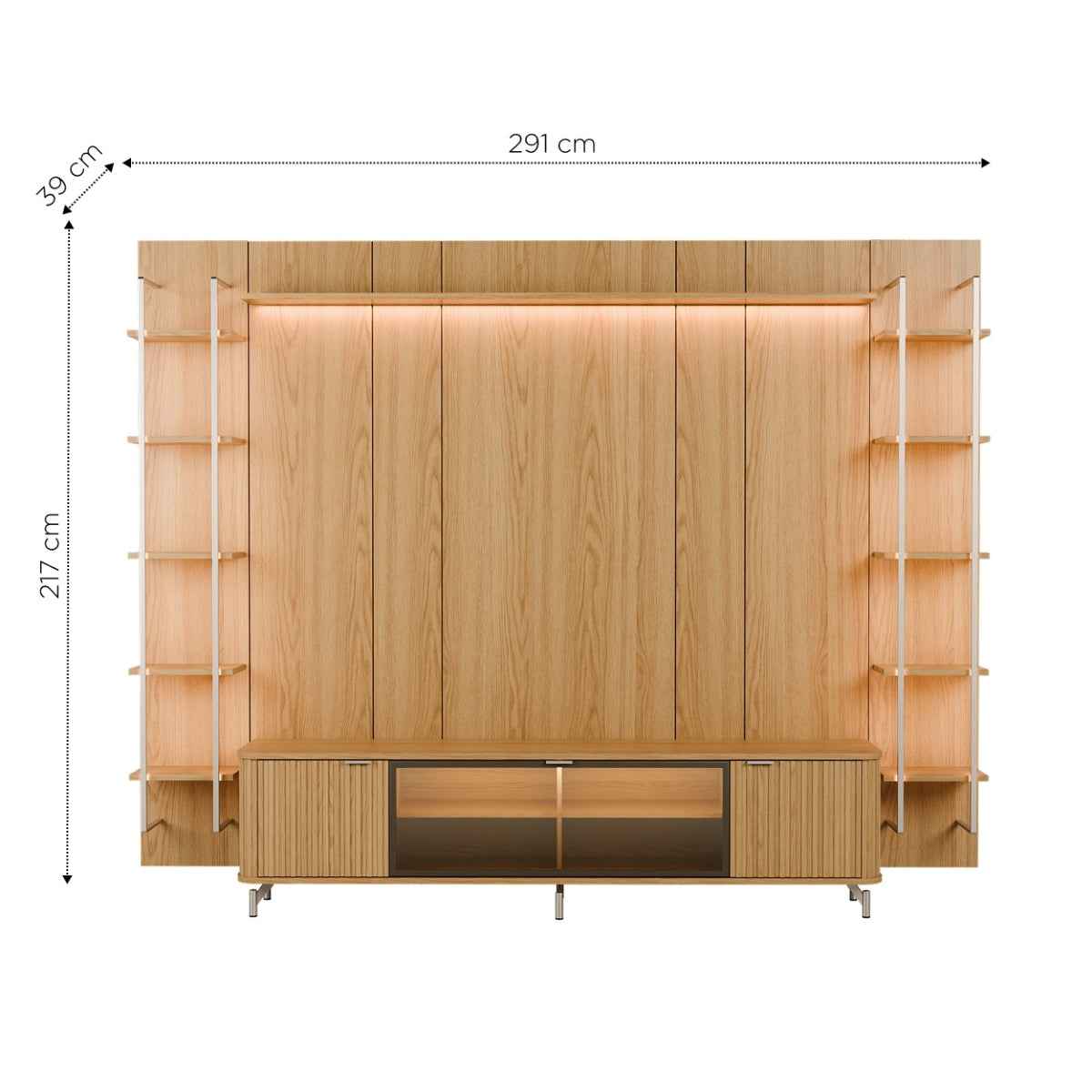 Estante para TV até 85 Polegadas Vidro Reflecta com Prateleiras 100% MDF com Led Neon Float 291cm
