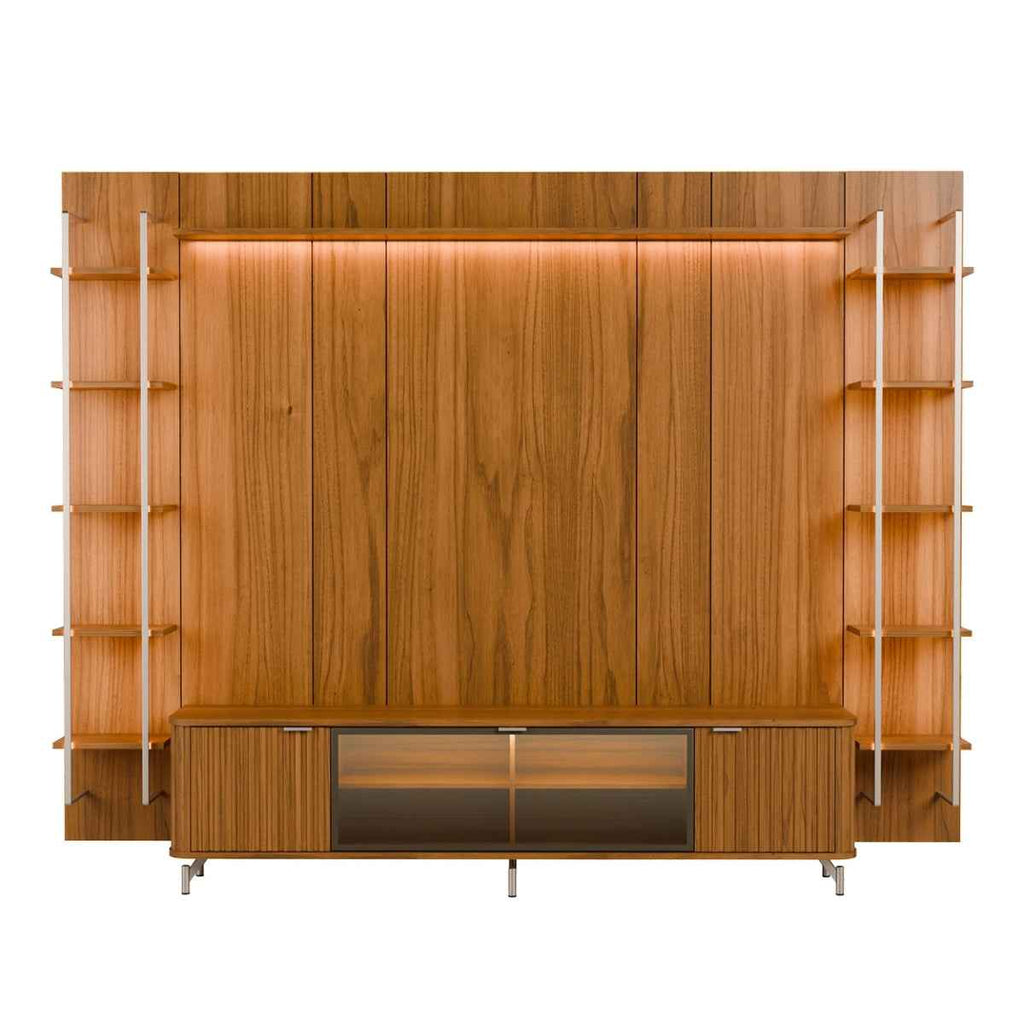 Estante para TV até 85 Polegadas Vidro Reflecta com Prateleiras 100% MDF com Led Neon Float 291cm