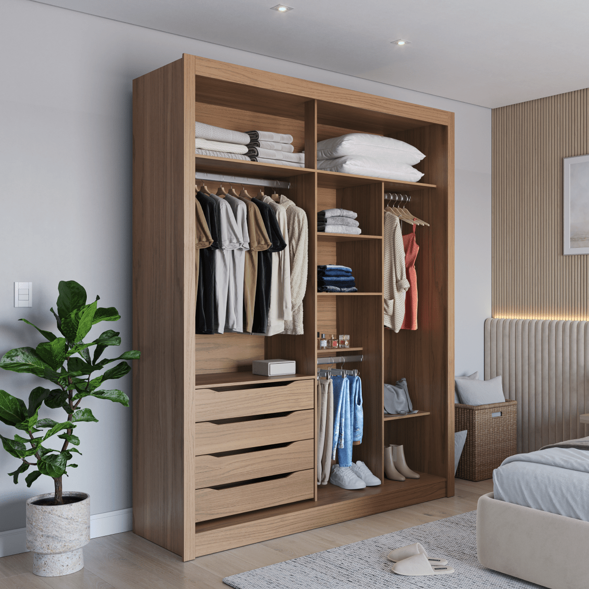 Guarda-Roupa Casal 2 Portas de Correr 4 Gavetas Montclair 186cm Canella com Off-White Fosco