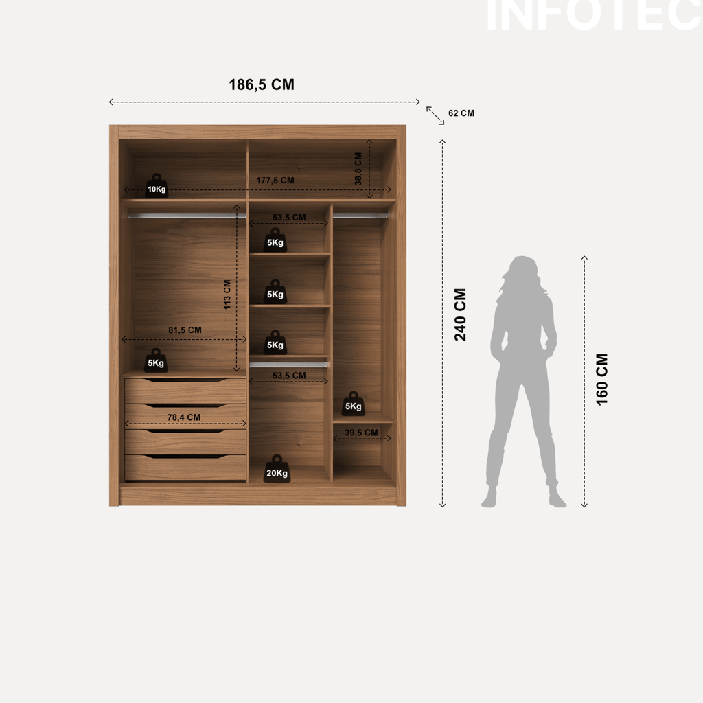 Guarda-Roupa Casal com Espelho 2 Portas de Correr 4 Gavetas Montclair 186cm Canella com Off-White Fosco