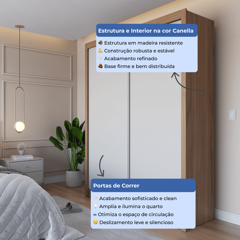 Guarda-Roupa Casal 2 Portas de Correr 4 Gavetas Montclair 186cm Canella com Off-White Fosco
