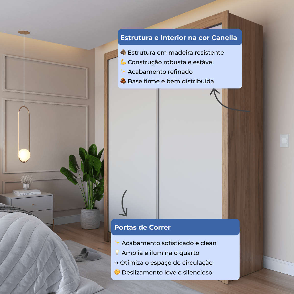Guarda-Roupa Casal 2 Portas de Correr 4 Gavetas Montclair 186cm Canella com Off-White Fosco