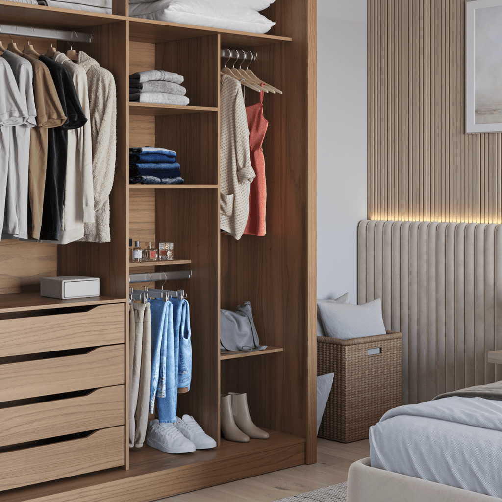 Guarda-Roupa Casal com Espelho 2 Portas de Correr 4 Gavetas Montclair 186cm Canella com Off-White Fosco