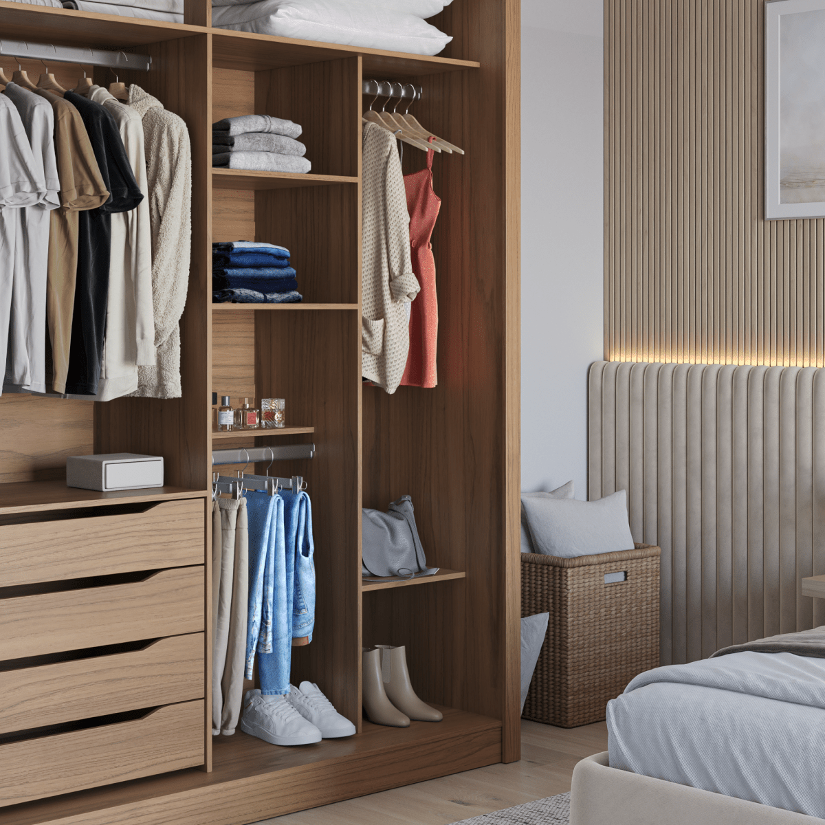 Guarda-Roupa Casal com Espelho 2 Portas de Correr 4 Gavetas Montclair 186cm Canella com Off-White Fosco