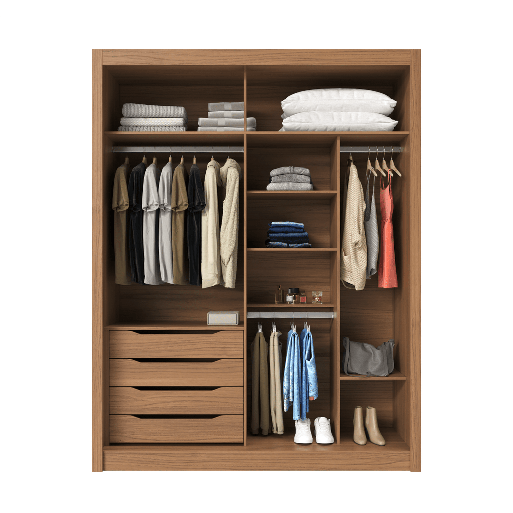 Guarda-Roupa Casal com Espelho 2 Portas de Correr 4 Gavetas Montclair 186cm Canella com Off-White Fosco