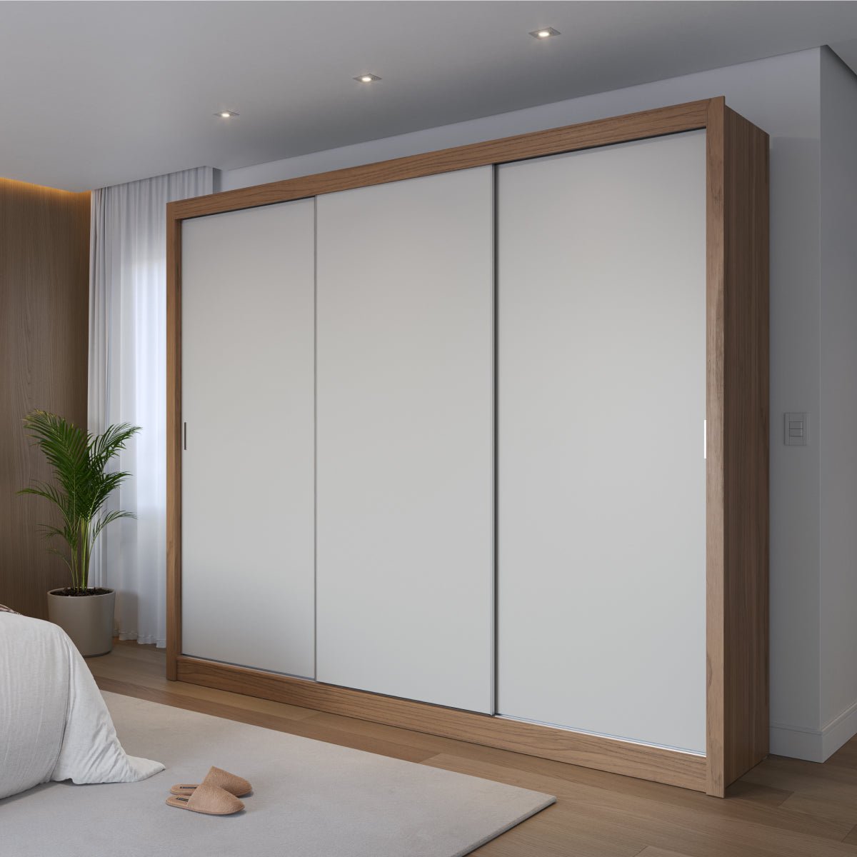 Guarda-Roupa Casal 3 Portas de Correr 8 Gavetas Montclair 275 cm Canella com Off-White Fosco