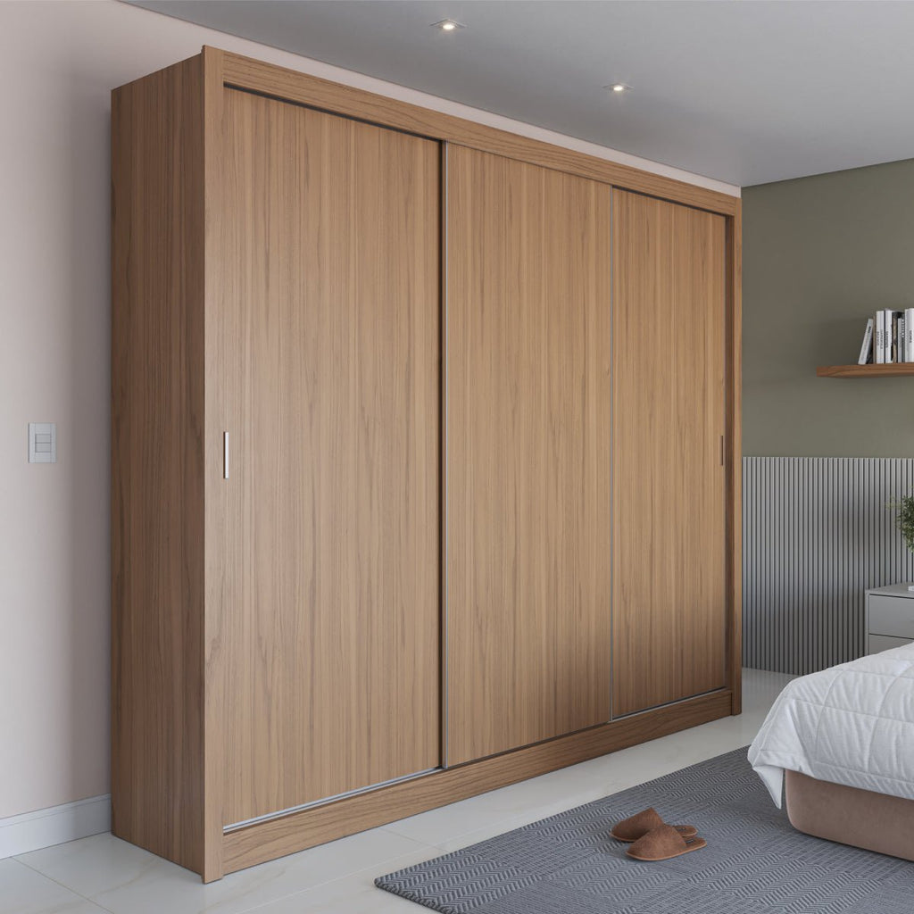 Guarda-Roupa Casal 3 Portas de Correr 8 Gavetas Montclair 275 cm Canella com Off-White Fosco