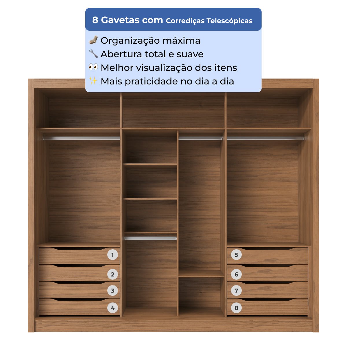 Guarda-Roupa Casal 3 Portas de Correr 8 Gavetas Montclair 275 cm Canella com Off-White Fosco
