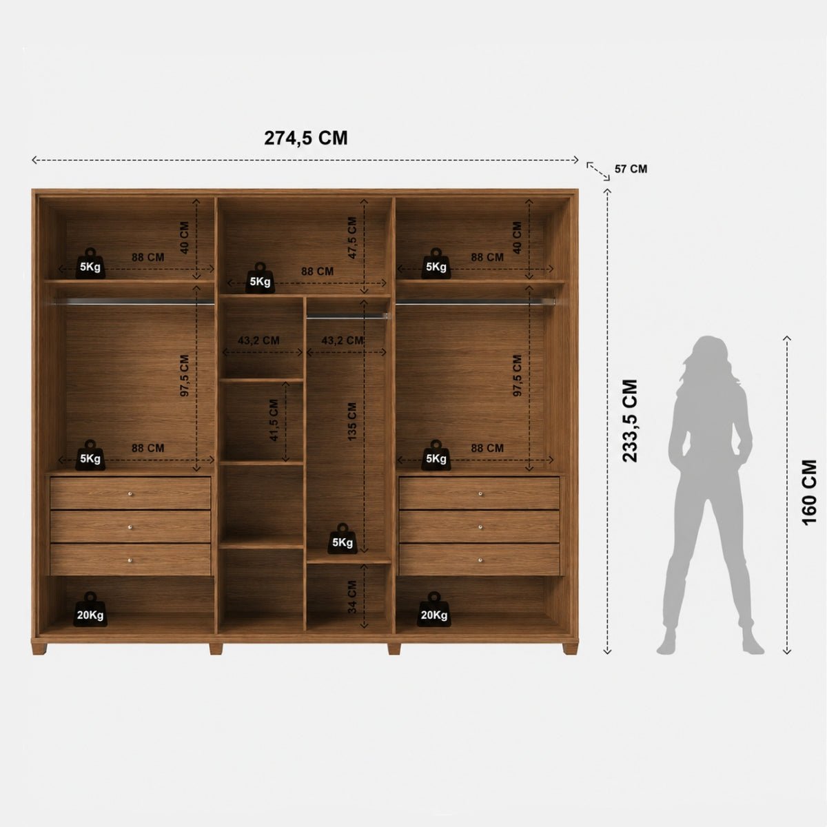 Guarda-Roupa Casal 6 Portas com Espelho 100% MDF Dayton 274cm