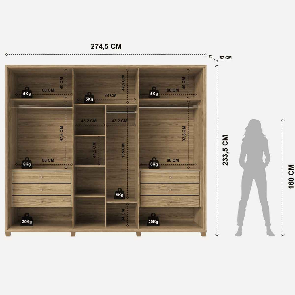 Guarda-Roupa Casal 6 Portas Reflecta com Led 100% MDF Speculum 274cm