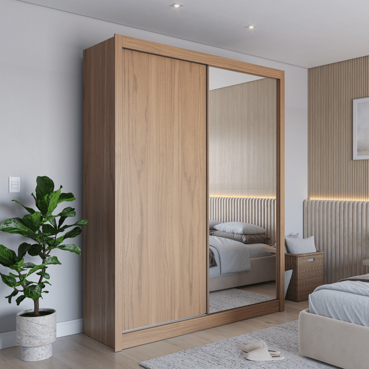 Guarda-Roupa Casal com Espelho 2 Portas de Correr 4 Gavetas Montclair 186cm Canella com Off-White Fosco