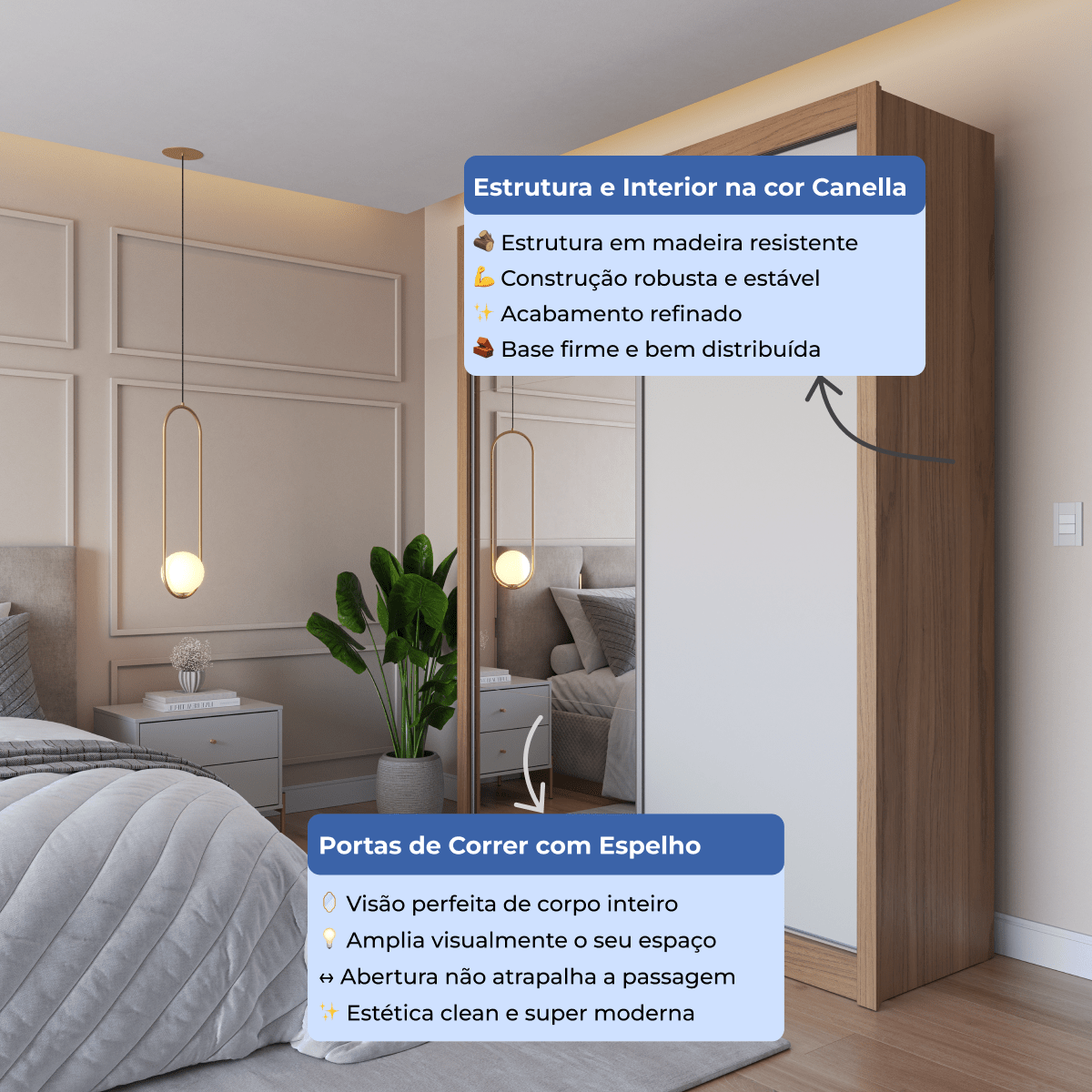 Guarda-Roupa Casal com Espelho 2 Portas de Correr 4 Gavetas Montclair 186cm Canella com Off-White Fosco