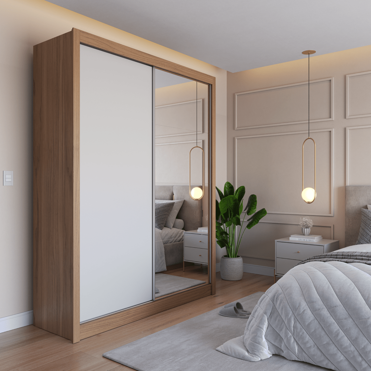 Guarda-Roupa Casal com Espelho 2 Portas de Correr 4 Gavetas Montclair 186cm Canella com Off-White Fosco