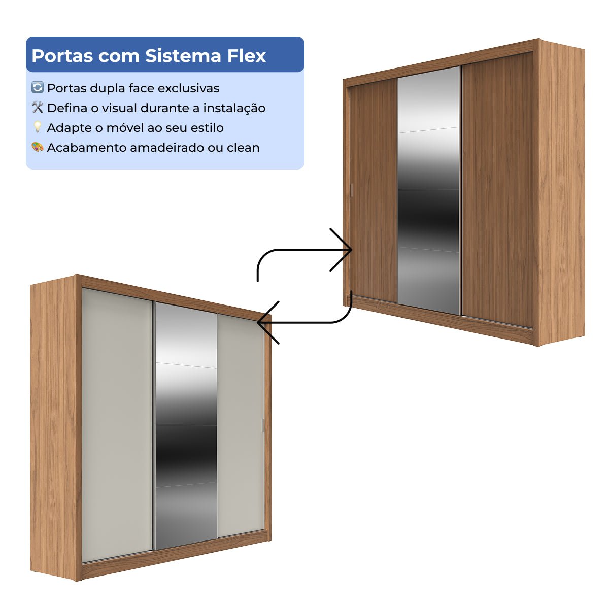 Guarda-Roupa Casal com Espelho 3 Portas de Correr 8 Gavetas Montclair 275 cm Canella com Off-White Fosco