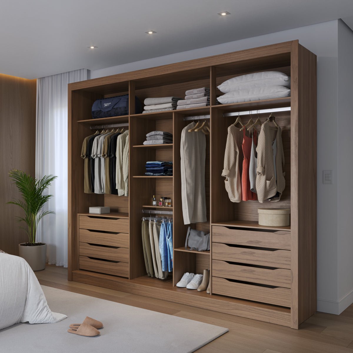 Guarda-Roupa Casal com Espelho 3 Portas de Correr 8 Gavetas Montclair 275 cm Canella com Off-White Fosco