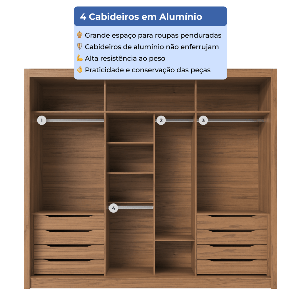 Guarda-Roupa Casal com Espelho 3 Portas de Correr 8 Gavetas Montclair 275 cm Canella com Off-White Fosco