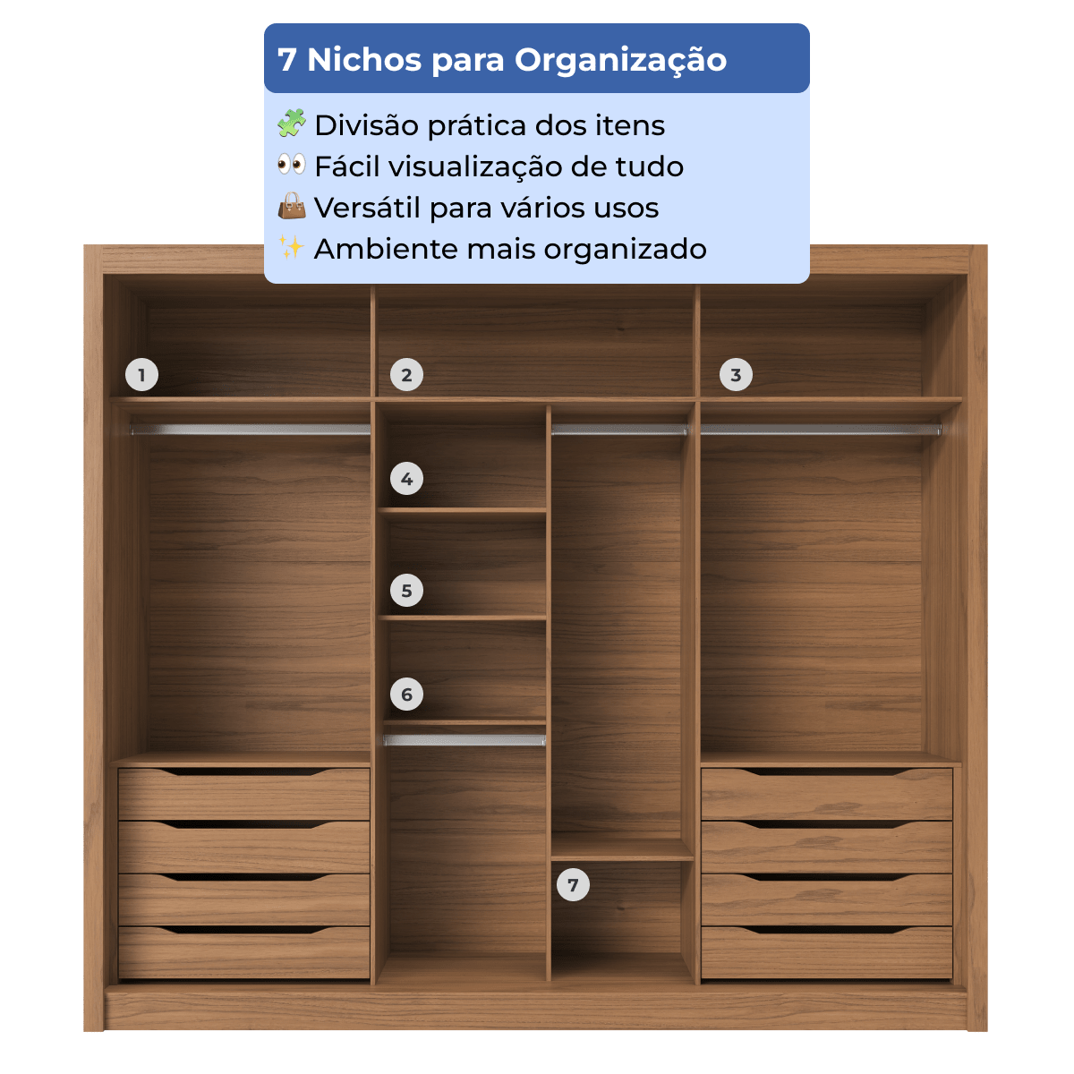 Guarda-Roupa Casal com Espelho 3 Portas de Correr 8 Gavetas Montclair 275 cm Canella com Off-White Fosco
