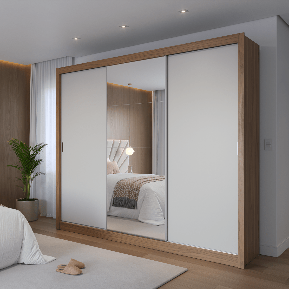 Guarda-Roupa Casal com Espelho 3 Portas de Correr 8 Gavetas Montclair 275 cm Canella com Off-White Fosco