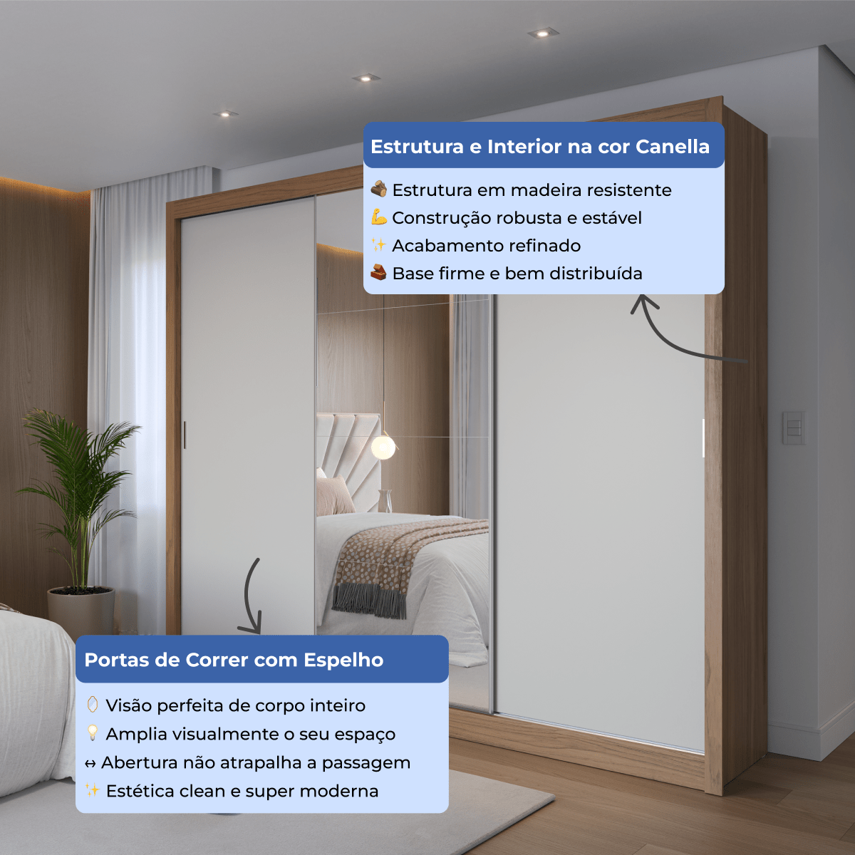 Guarda-Roupa Casal com Espelho 3 Portas de Correr 8 Gavetas Montclair 275 cm Canella com Off-White Fosco