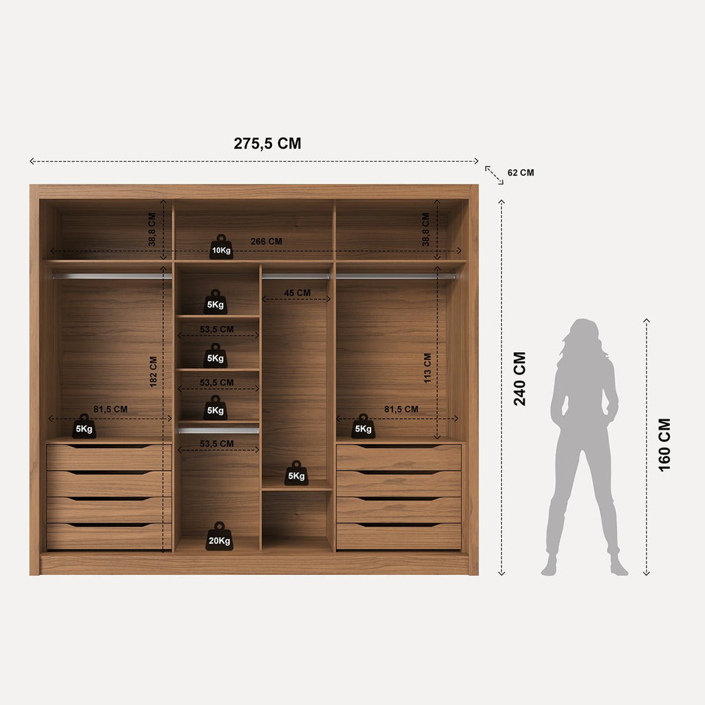 Guarda-Roupa Casal com Espelho 3 Portas de Correr 8 Gavetas Montclair 275 cm Canella com Off-White Fosco