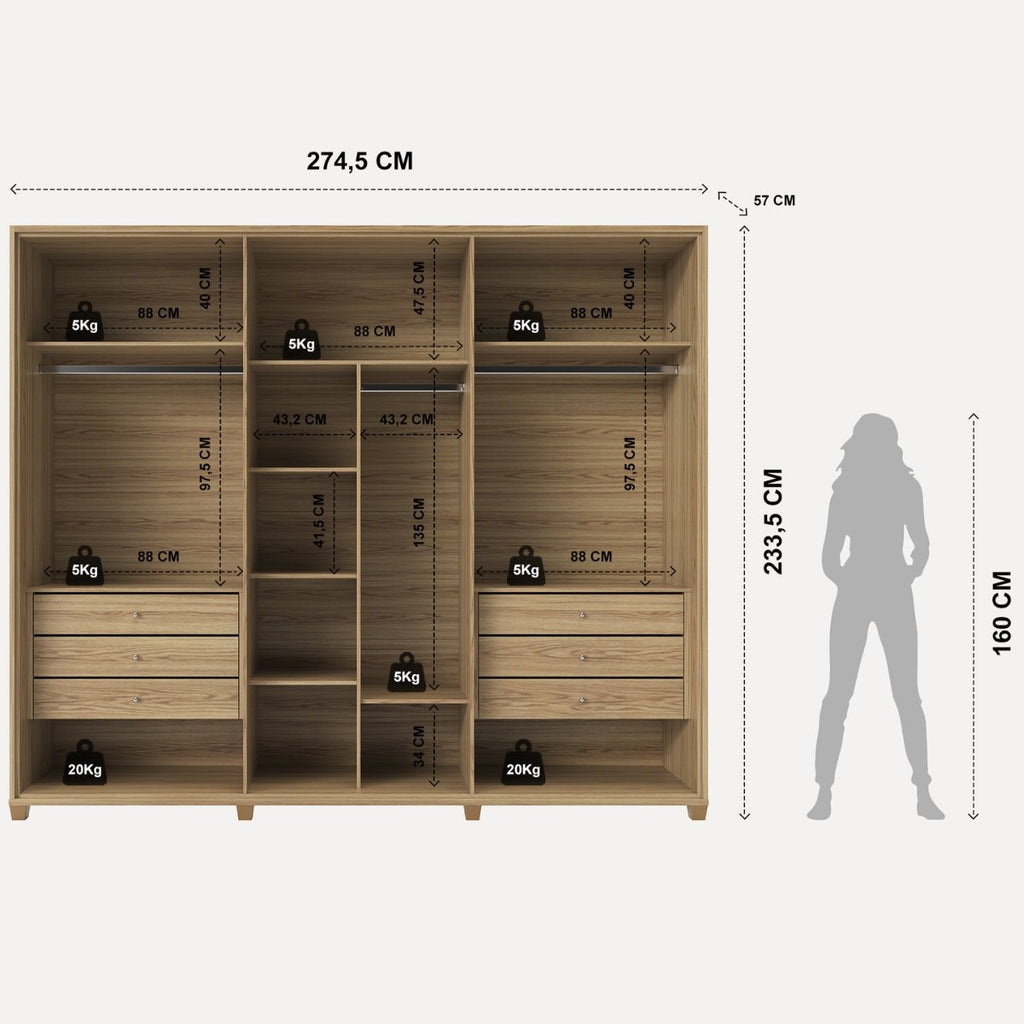 Guarda-Roupa Casal 6 Portas com Espelho 100% MDF Dayton 274cm
