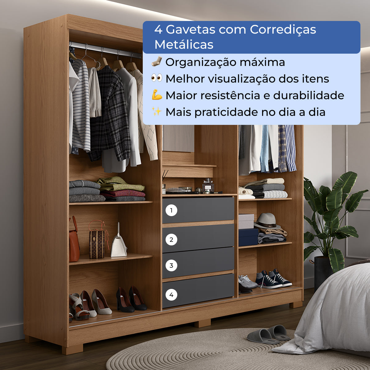 Guarda-Roupa Casal com Espelho 2 Portas de Correr 4 Gavetas Ítalo