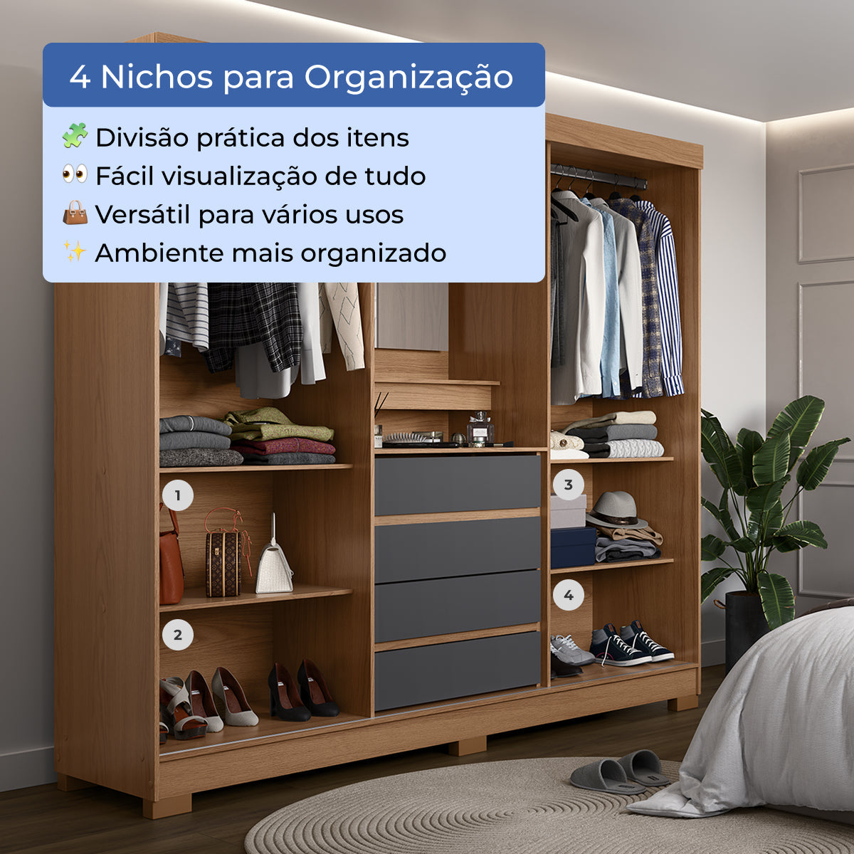 Guarda-Roupa Casal com Espelho 2 Portas de Correr 4 Gavetas Ítalo
